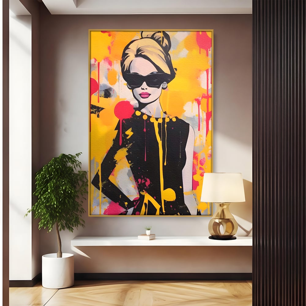 Tablou canvas cu tablou canvas cu femeie in stil pop art, in rama de aluminiu auriu